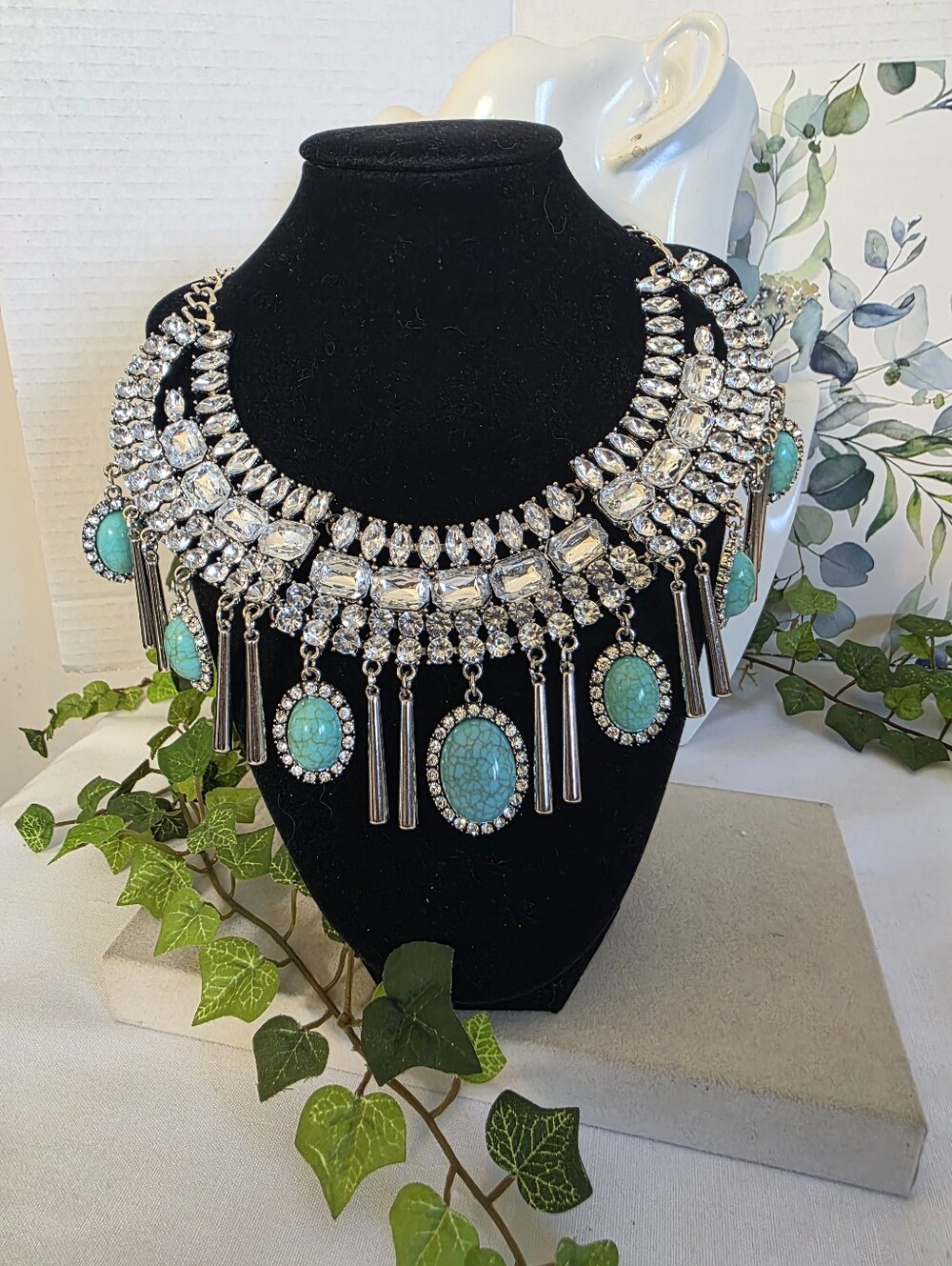 Chunky Turquoise & Crystal Rhinestone Statement Collar Necklace Silver Tone